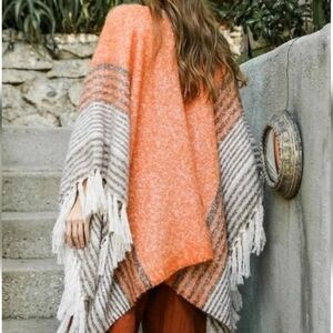 Fringed Faux Mohair Wrap Shawl Ruana Orange Border Striped Fuzzy Knit Southwest